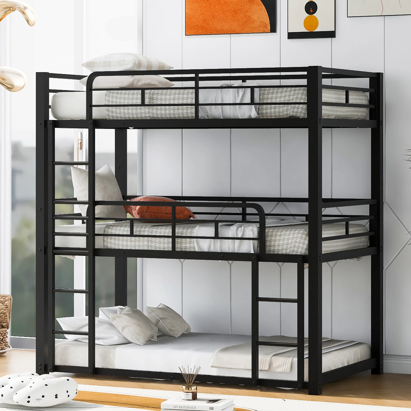 Metal Twin Size Triple Bunk Bed for 3 Kids with La